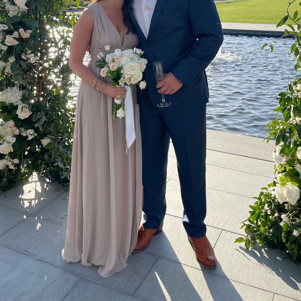 Bill levkoff v-neck pleat chiffon a line gown in taupe